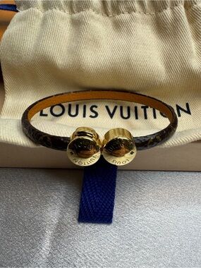 Louis Vuitton Brown Monogram Leather Bracelet with Gold-Tone Hardware